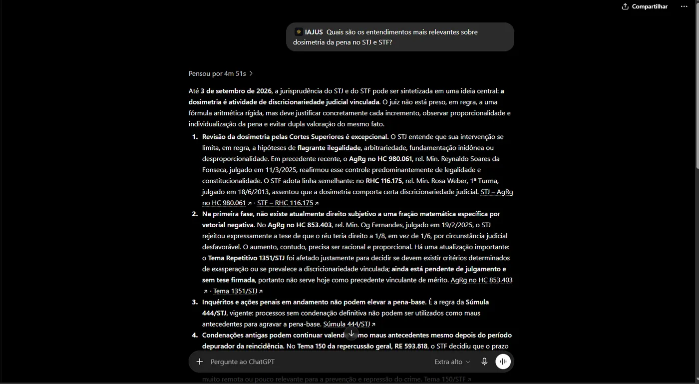 Resposta do ChatGPT usando o IAJUS, com acórdãos do STJ e do STF, súmula e tema repetitivo citados e os links para as fontes oficiais.