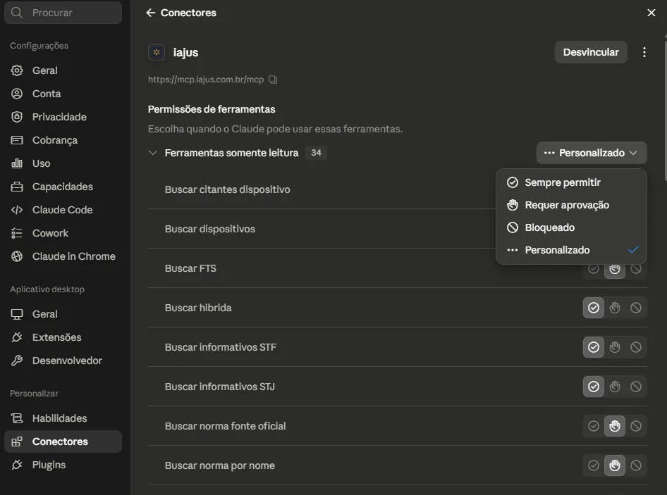 Conector iajus vinculado no Claude, mostrando o servidor MCP e a lista de ferramentas somente leitura, com as opções Sempre permitir, Requer aprovação e Bloqueado.